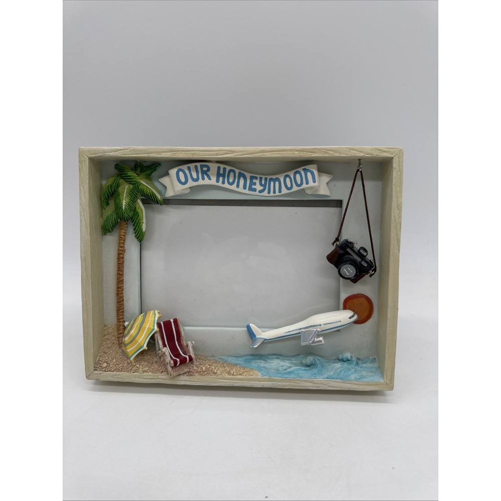 Russ Berrie Our Honeymoon Photo Frame 4x6 Hand Painted 3D Airplane Camera Beach